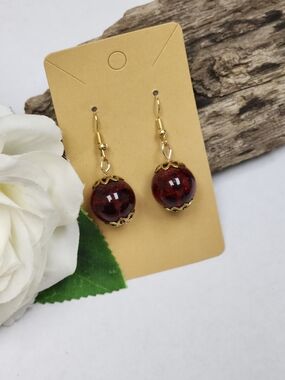 Hand Crafted Dangle Drop Earrings Deep Red Animal Print Beads